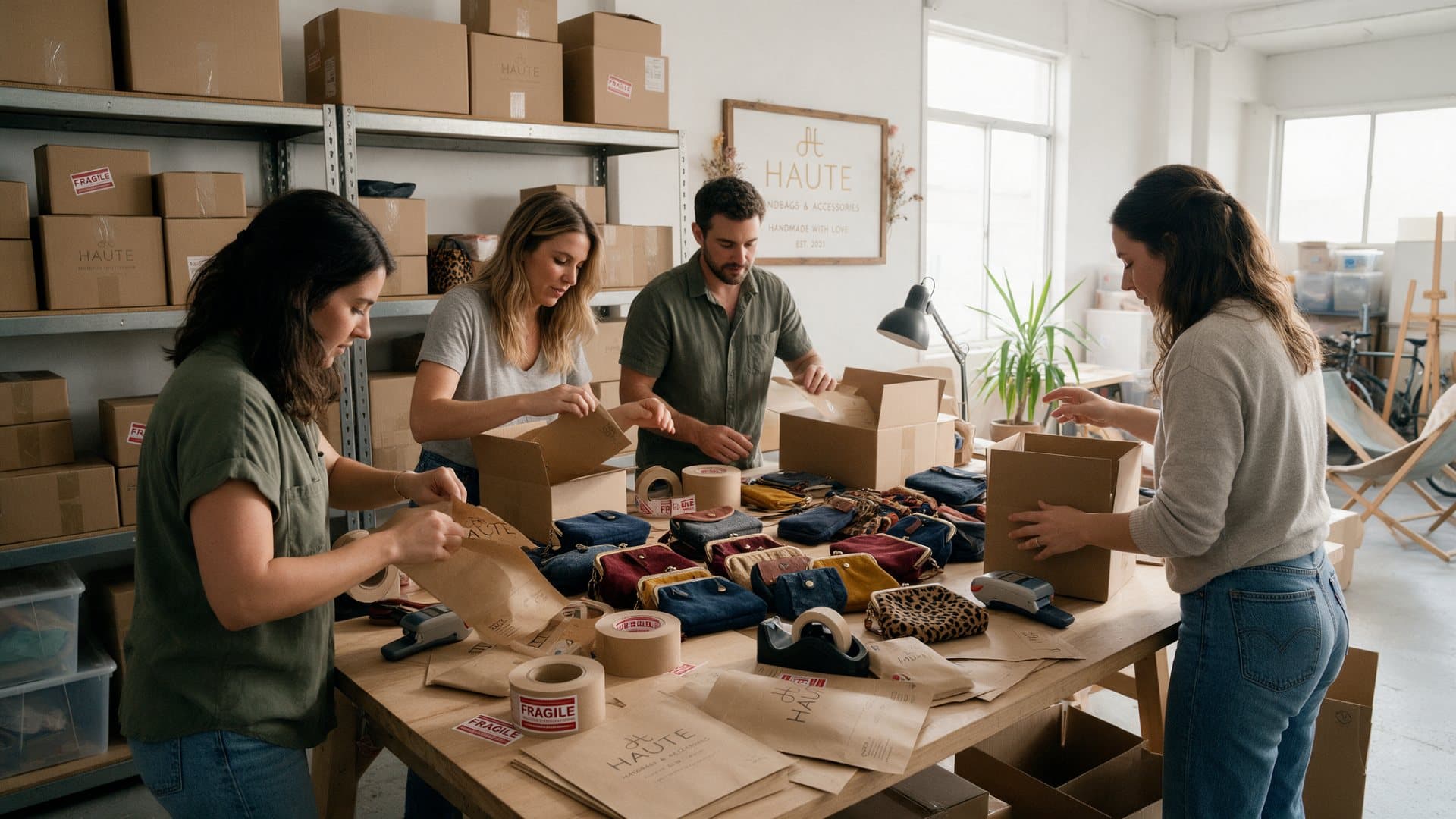 A small team packing customer orders at a shared table