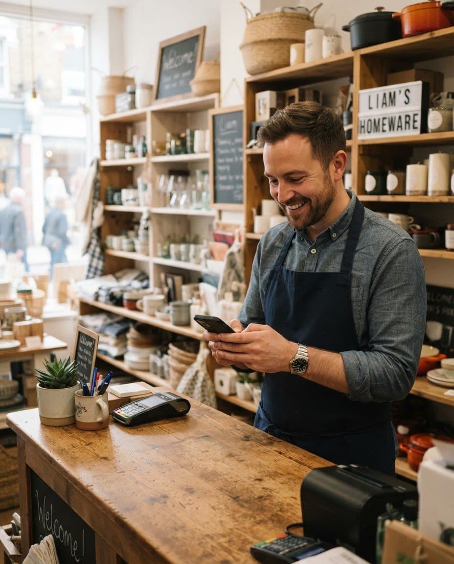 A homeware shop owner reading a message on his phone at the counter