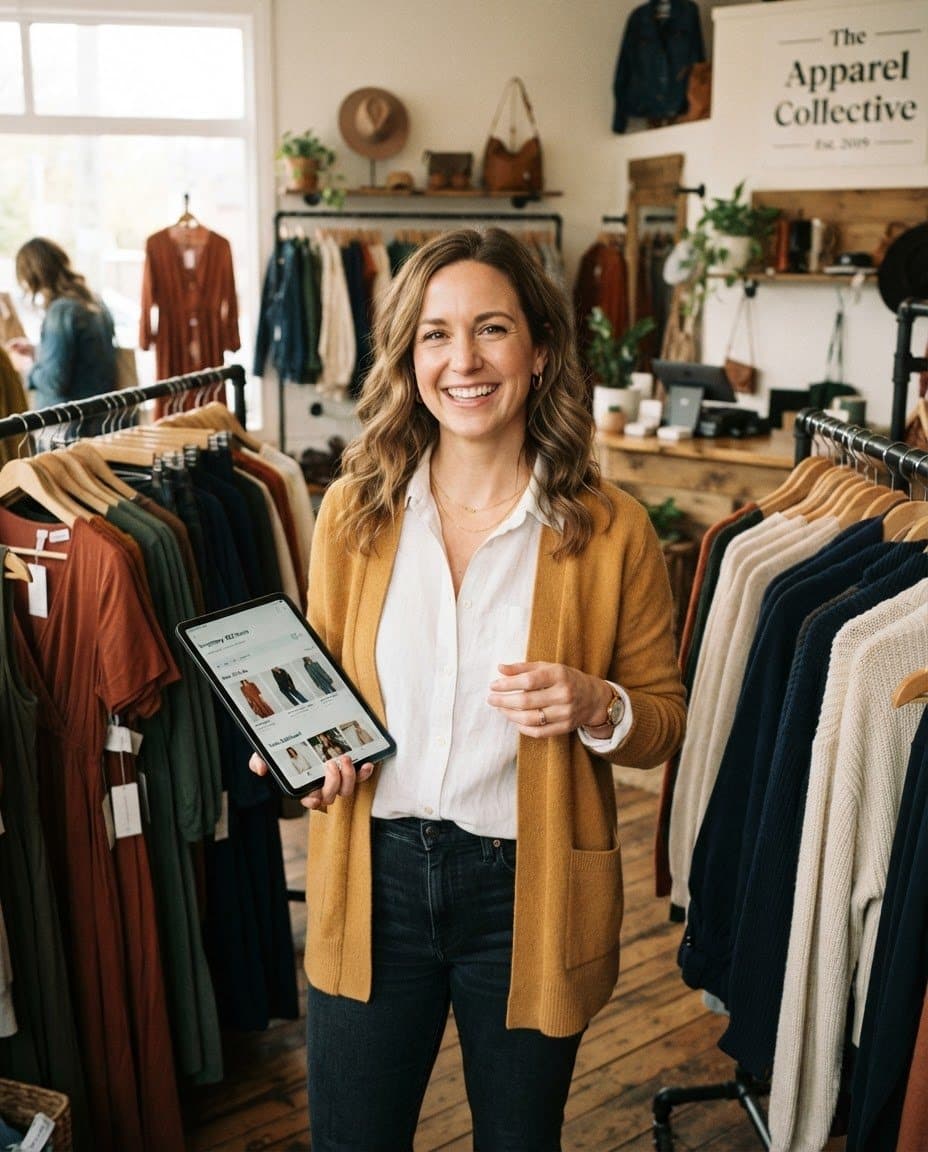 A clothing store owner checking her tablet on the shop floor